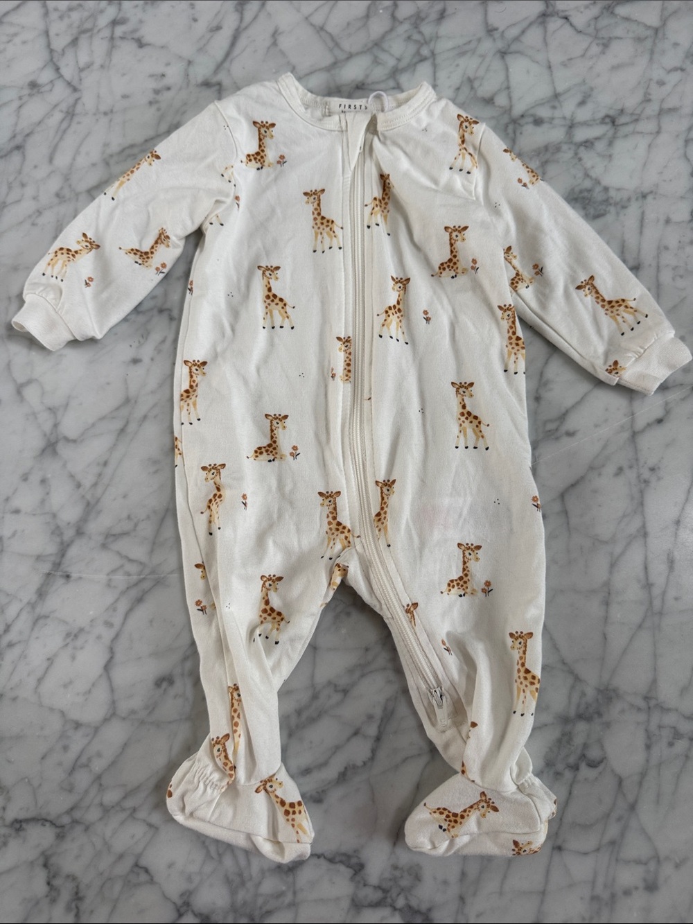 Firsts Petit Lem Giraffe-Print Footed Baby One-Piece Sz 3 Mo Organic NWOT